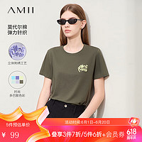 AMII2024夏圆领立体英文字母绣花T恤女莫代尔棉弹力休闲12422149 军绿 165/88A/L