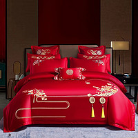 新款婚庆四件套大红色加厚床裙床罩式被罩夹棉结婚床单被套六件套