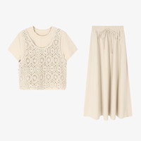 Basic House/百家好韩版钩花镂空马甲短袖+半裙套装B0624B5Z482 米色 M105-115斤