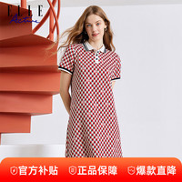 ELLE ACTIVE24年夏季新款菱格纹Polo领连衣裙优雅气质撞色翻领短袖针织连衣裙