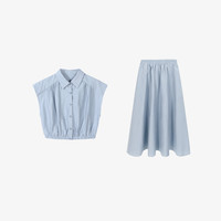 Basic House/百家好夏季摩登衬衫短袖+半裙套装B0624B5F282-1 蓝色 M110-120斤