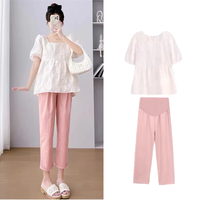 苒祺祺 套装时尚洋气时髦夏辣妈方领小个子短袖薄款上衣裤子两件套女 上衣+粉裤（套装） L