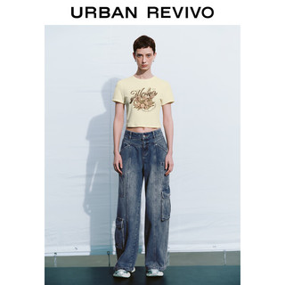 URBAN REVIVO 女士时尚休闲印花修身短款短袖T恤 UWL440188 裸杏色 L