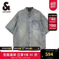 杰克·琼斯（JACK&JONES）杰克琼斯夏季新款宽松翻领潮流舒适百搭中蓝牛仔衬衫短袖男装 E39中蓝牛仔 常规 165/88A/XS