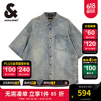 杰克·琼斯（JACK&JONES）杰克琼斯夏季宽松翻领潮流舒适百搭中蓝牛仔衬衫短袖男装 E39中蓝牛仔 常规 165/88A/XS