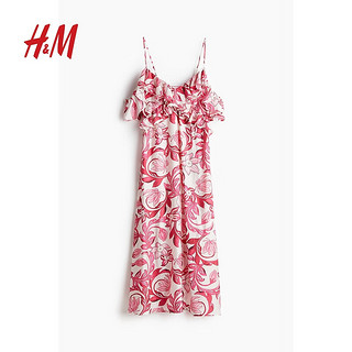 H&M2024夏季新款女装荷叶边露肩连衣裙1239364 白色/粉色花朵 155/80