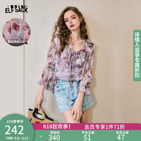 妖精的口袋法式荷叶边烫金印花雪纺衫女2024夏季洋气纱衣罩衫 蝴蝶猫紫色 M