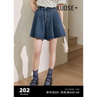 阔色(kuose)复古高腰百褶牛仔半身裙裤2024春夏女蓝色a字短裤子 蓝色 28/L