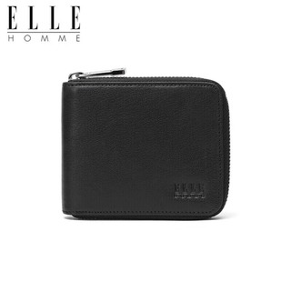 ELLE HOMME 男士时尚短款钱包 平纹头层牛皮拉链零钱包 多功能票夹ED282304226黑色   