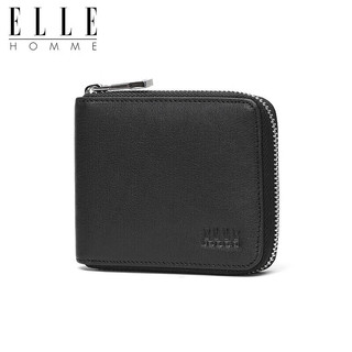 ELLE HOMME 男士时尚短款钱包 平纹头层牛皮拉链零钱包 多功能票夹ED282304226黑色   