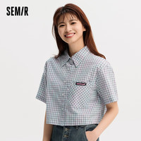 森马（Semir）中袖衬衫女短款宽松小个子衬衣夏季俏皮设计感格子衫101323119006 蓝色调00488 XXL