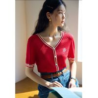 独束大码女装减龄少女感学院风针织T恤微胖MM夏日百搭休闲V领上衣