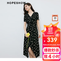 红袖泡泡袖黑色连衣裙夏季2024新款女装 波点收腰V领显瘦减龄雪纺裙 黑底米点818