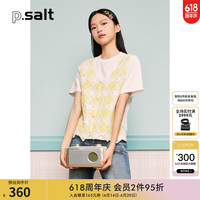 诗篇（PSALTER）可颜女装夏季圆领镂空格纹提花假两件短袖毛针织衫 柠檬黄