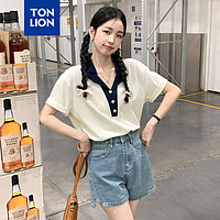 唐狮 TONLION2024女V领撞色短袖poloWP 米白 M