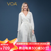 VOA38姆米重磅真丝提花本白翻驳领长袖荷叶立体装饰桑蚕丝风衣 F565 茉莉花白(W45) 175/XXL