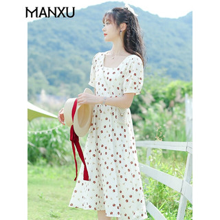 曼蓄裙子夏天女装2024夏季新款连衣裙气质女神范女生碎花仙气连衣裙女 米白色