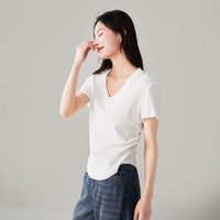 索菲丝尔V领短袖T恤女2024夏季设计感褶皱常规款纯色上衣打底衫