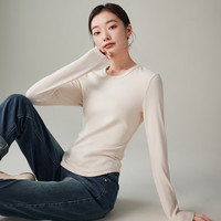 SOFSIL索菲丝尔2024春季长袖T恤女简约百搭修身显瘦基础款打底衫上衣 米色 S