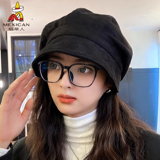 稻草人帽子女秋冬季百搭贝雷帽日系大脸适合显脸小八角帽 黑色 均码