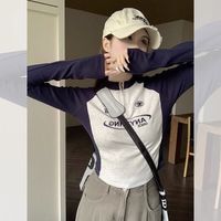 稚约撞色正肩女t恤长袖春秋季字母修身拉链内搭打底衫短款拼接上衣女 蓝拼灰 L