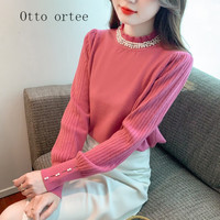 Otto ortee轻奢潮流实拍半高领打底衫女秋冬钉珠毛衣时尚洋气秋装长袖上 玫红 L