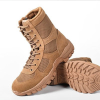 寻战鹰新式棕色特种作战靴高帮战术靴侧拉链透气训练靴真皮沙漠靴 夏季网眼作战靴 41 =255两双鞋垫