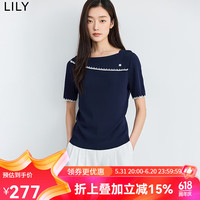 丽丽 LILY2024夏季新品气质方领简约别致线条设计感短袖针织衫女小上衣 411藏青