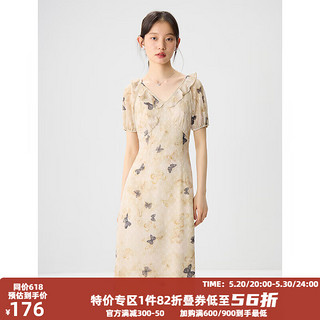 自巧小个子蝴蝶印花法式茶歇裙女2024夏季浪漫度假吊带连衣裙 蝴蝶印花短袖版 1