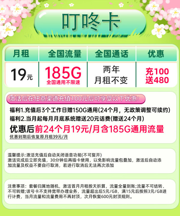 中国移动 CHINA MOBILE 叮咚卡 2年19元月租（185G通用流量+流量可续约+系统自动返费）
