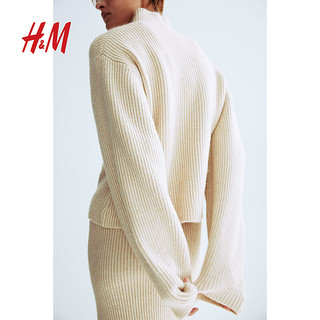 H&M女装时尚休闲罗纹针织高领套衫1202953 浅米色 160/88