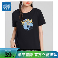 真维斯女装上衣2024夏季 趣味印花图案纯棉休闲短袖T恤 PH 黑色8010 155/80A/S