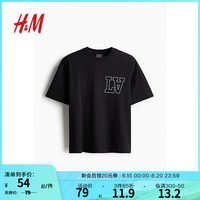 H&M男装2024夏季棉质休闲宽松版印花T恤1227157 黑色/LA 180/116