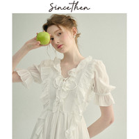 sincethen 法式白色短款连衣裙夏设计感小裙子荷叶边仙女裙女夏季