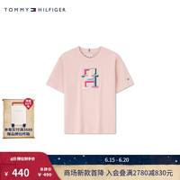 TOMMY HILFIGER24春夏童装女纯棉平纹彩色字母刺绣短袖T恤TH2422710 粉色104 S/140cm