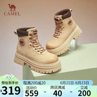 骆驼(CAMEL)大黄靴女反绒擦色皮面粗跟城市户外工装靴 L24W076606 杏色 37