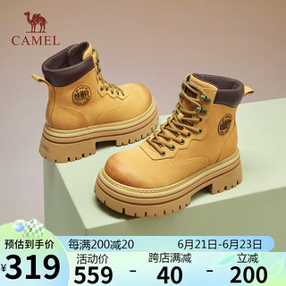 骆驼（CAMEL）大黄靴女反绒擦色皮面粗跟城市户外工装靴 L24W076606 土黄 38 