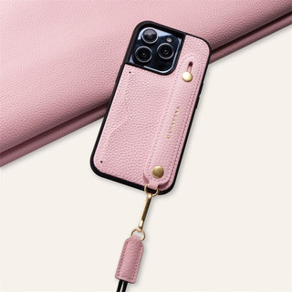  HANATORA/花虎 头层牛皮 iPhone15手机壳 挂脖绳  粉色