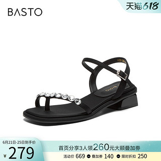 88VIP：BASTO 百思图 思图2024夏季商场新款闪钻夹趾一字带舒适粗跟女凉鞋A1234BL4
