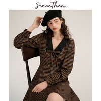 sincethen格纹连衣裙法式小个子穿搭长袖短裙娃娃领茶歇裙女春季