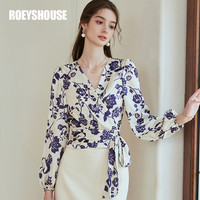 ROEYSHOUSE罗衣法式泡泡袖缎面衬衫女2024春装气质V领衬衣系带上衣10125 花色 S