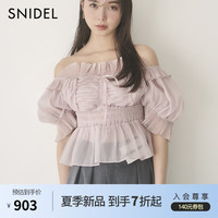 SNIDEL2024春夏甜美一字领露肩荷叶边薄纱衬衫上衣SWFB241136 浅粉色 F