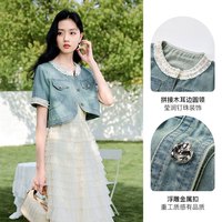 香影 X.YING牛仔外套女短款2024夏季复古拼接圆领花边短袖小个子上衣
