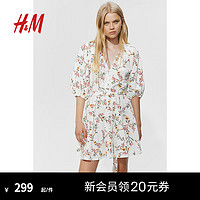 H&M女装连衣裙2024夏季花卉印花灯笼袖V领系带A字短裙1239272 奶油色/花卉 165/96 M