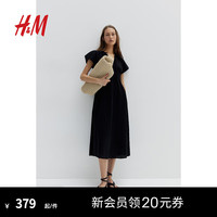 H&M女装2024夏季新款棉质系带设计棉细布连衣裙1225612 黑色 1