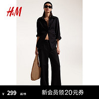 H&M女装裤子2024年夏季女士舒适时尚亚麻混纺休闲长裤1211667 黑色 165/80