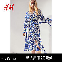 H&M2024夏季女士腰部系带卡夫坦连衣裙1230691 亮蓝色/白色花朵 155/80