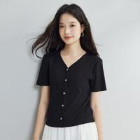 气质显瘦V领短袖T恤女2024夏季纯色百搭舒适休闲肌理感上衣