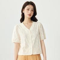 纯棉法式小香风绣花衬衣女2024夏季田园气质V领短袖衬衫上衣