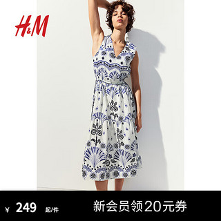 H&M2024夏季新品女士抽绳设计棉质连衣裙1227175 白色/蓝色图案 155/80